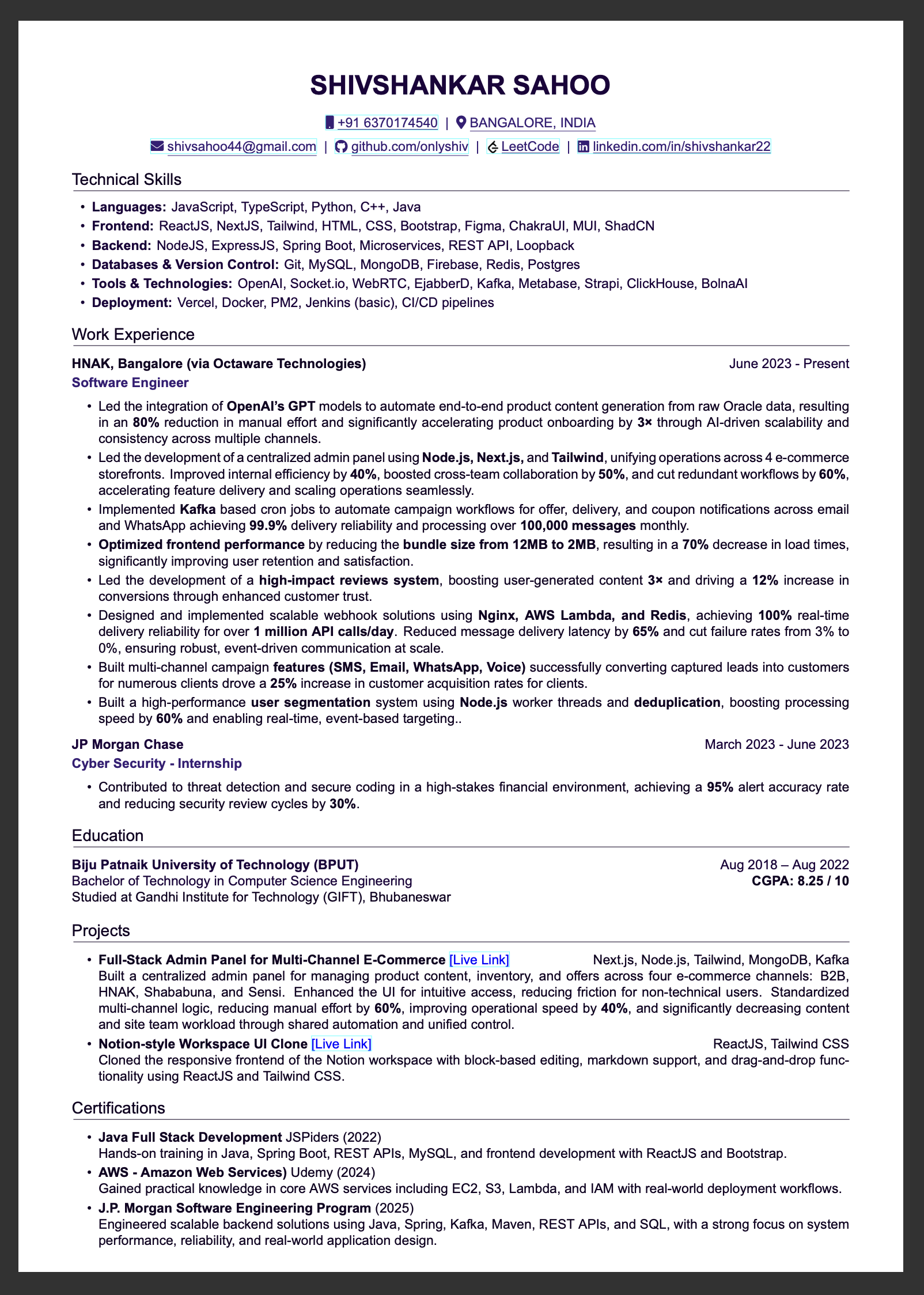 Shivshankar Sahoo Resume Preview